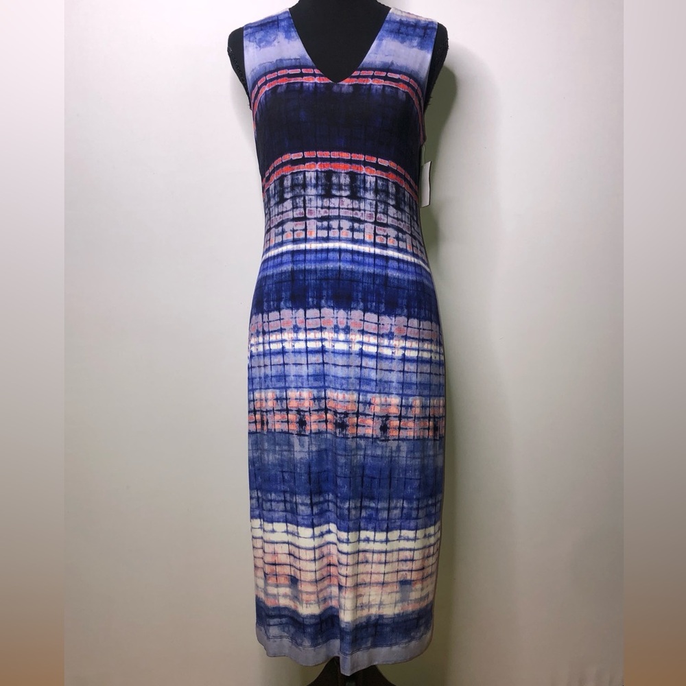 Karen Kane Blue Navy Tie-Dye Sleeveless Midi Medium Dress